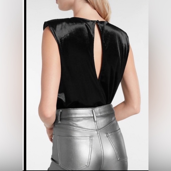 Express Velvet Thong Bodysuit Black Sleeveless Shoulder Strong Top Size M - Picture 14 of 14